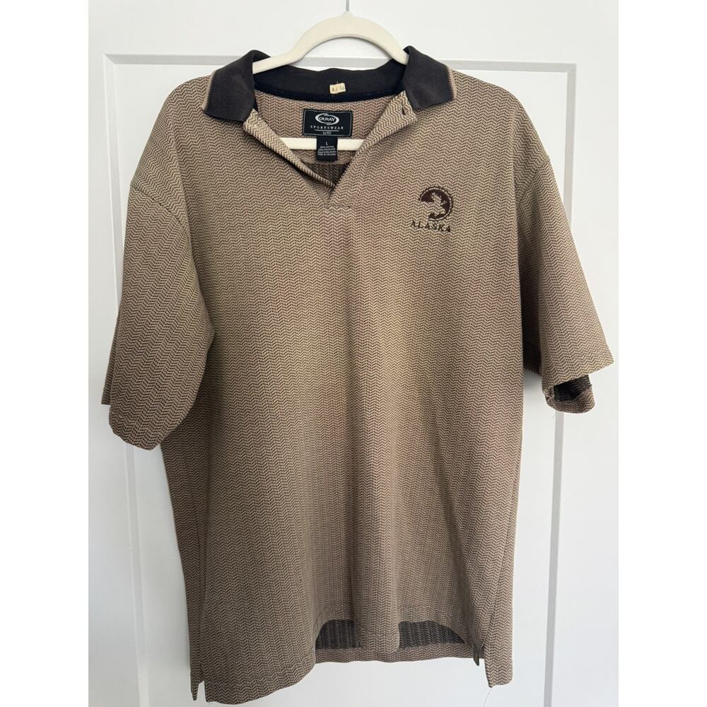 Vintage Ouray Sportswear Alaska Polo Brown Beige Mens L Vacation Short Sleeve